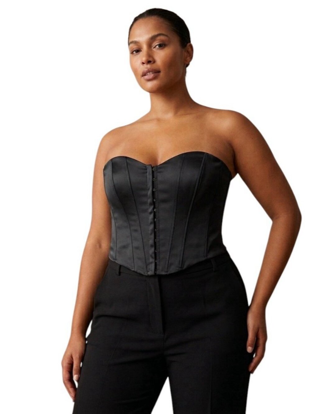 ZARA Black Strapless Boned Corset Top Bustier Hook & Eye Solid Size XL New